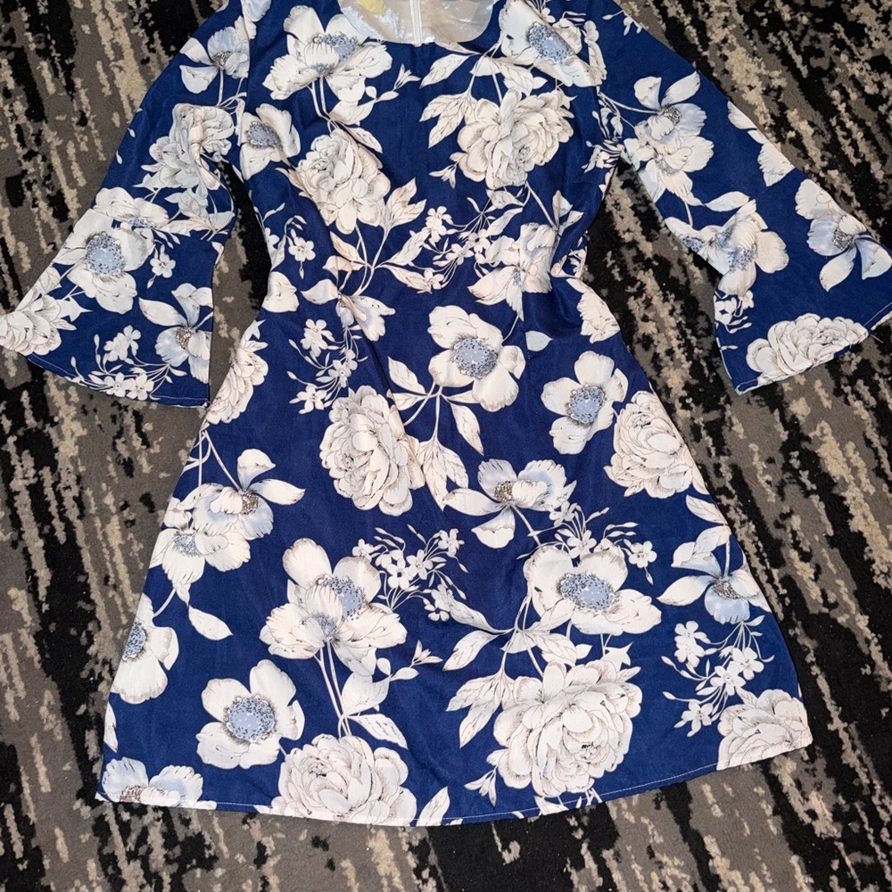 Blue Floral A-Line Dress with Bell Sleeves